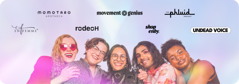 Group of five diverse people smiling and posing together, surrounded by logos from transgender and LGBTQ+ organizations and brands.