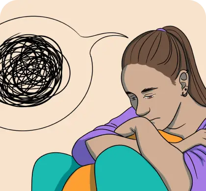 Illustration of a sad or anxious person hugging a pillow