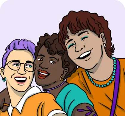 Illustration of three smiling people hugging