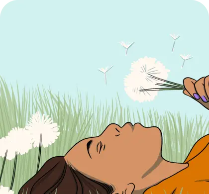  Illustration of a person blowing dandelion seeds into the sky