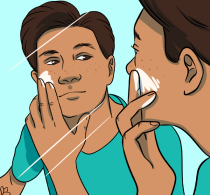 Illustration of a person rubbing cream on their face in a mirror