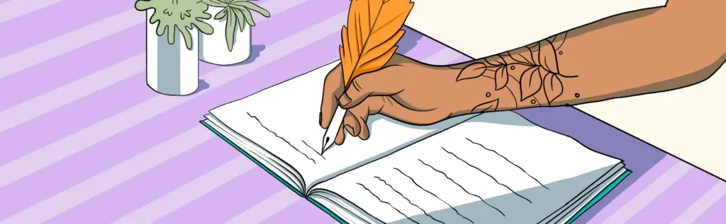 A tattooed arm with a plume in hand, writing in a journal about identifying your wins on top of a striped purple table