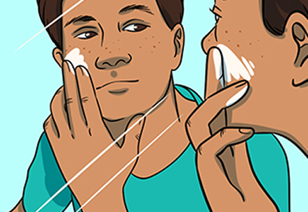 Illustration of a person applying skincare cream while looking in the mirror.