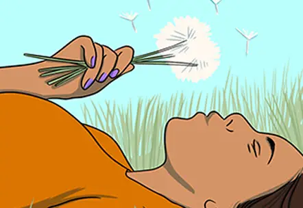 Illustration of a woman lying in the grass holding dandelions, with petals floating in the air.