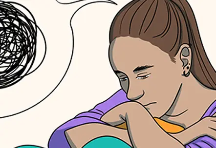 Illustration of a person sitting with arms wrapped around their knees, with a speech bubble containing a scribbled thought.