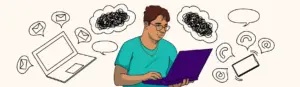 Transgender person holding a computer with thought bubbles surrounding his head. He is researching if being transgender is new.