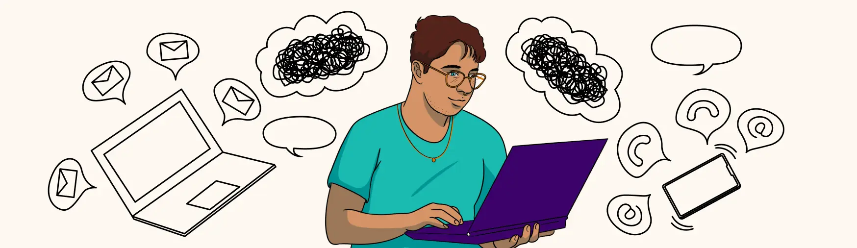 Transgender person holding a computer with thought bubbles surrounding his head. He is researching if being transgender is new.