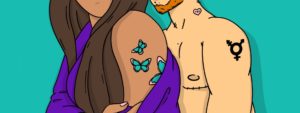 Two trans people with tattoos. The one on the left is trans-feminine with a butterfly tattoo. The one on the left is a trans man with a transgender symbol tattoo, a T4T tattoo, and visible top surgery scars.