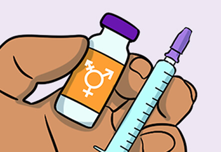 Illustration of a hand holding a vial with a transgender symbol and a syringe, representing gender-affirming hormone therapy.