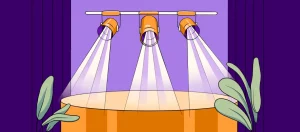 Three spotlights shining on a stage with plants surrounding the stage. There are purple curtains and a lilac background. Cover for Trans History Spotlight series.