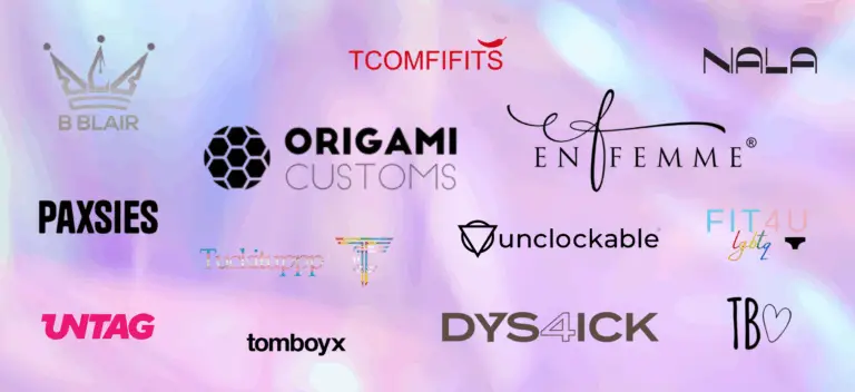 A collage of brand logos that offer tucking products for MTF and transgender women