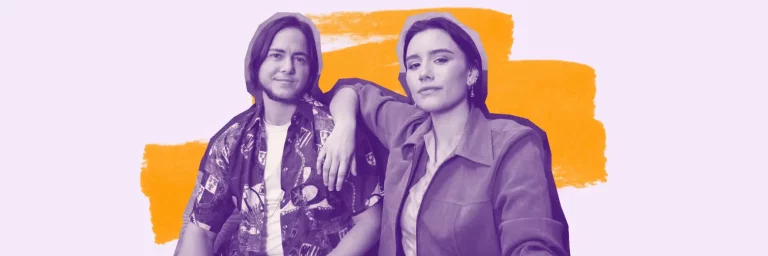 Two friends with a purple overlay and orange scribble behind them. Cover for mental health survey results.