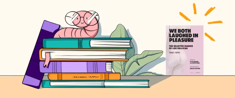 we both laughed in pleasure by lou sullivan cover on a bookshelf next to a bookworm sitting on a stack of books. cover image for trans bookworm series.