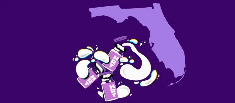 Lilac GAHT bottles with state of Florida over plum background. Cover photo for how to get gaht in Florida Plume Clinic blog.