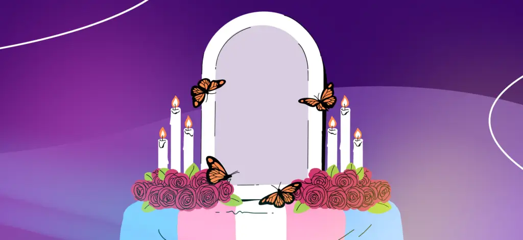 Illustrated Transgender Day of Remembrance memorial with a soft purple gradient background, white candles, pink roses, and monarch butterflies surrounding a blank headstone draped with the transgender pride flag colors.