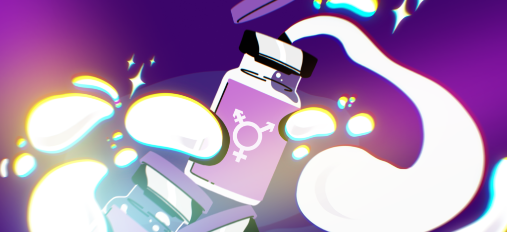 Illustration of a hormone vial labeled with a transgender symbol, surrounded by glowing liquid and sparkles on a purple background, used as the header image for a Plume Clinic vs. FOLX Health comparison blog.
