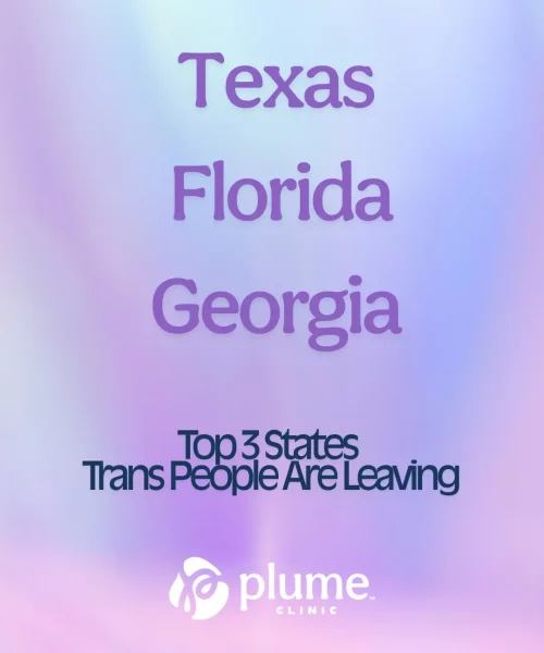 Text on a pastel gradient background lists "Texas, Florida, Georgia" as the top states trans people are leaving. Plume Clinic logo displayed below.
